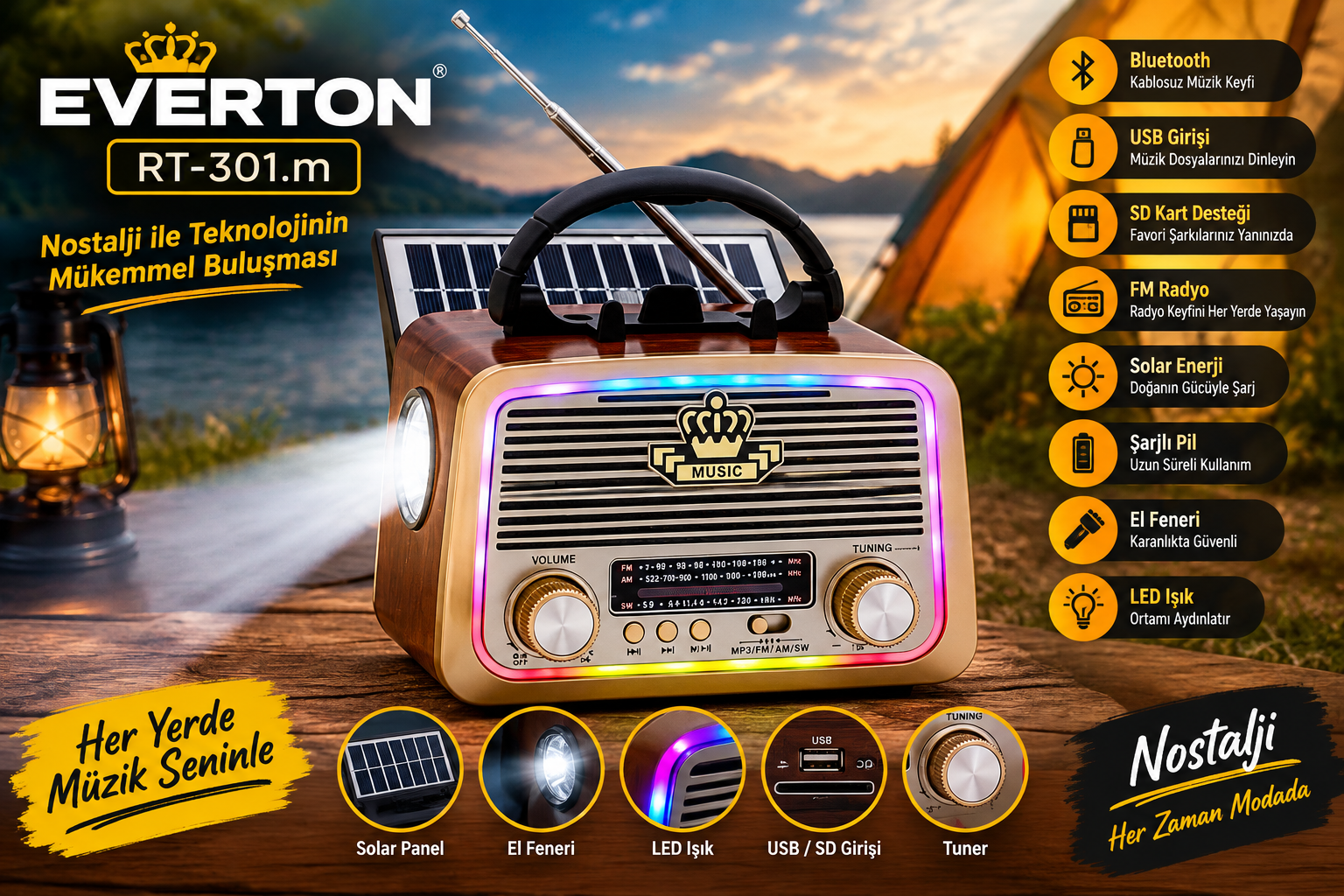 Everton RT-301.m Bluetooth-USB-SD-FM Şarjlı,Solarlı,Ledli, Nostaljik Radyo El Fenerl Radyo