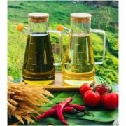 Bambu Kapaklı Vakumlu Borosilikat 3\'lü Set Cam Yağlık Sirkelik Ahşap Altlık