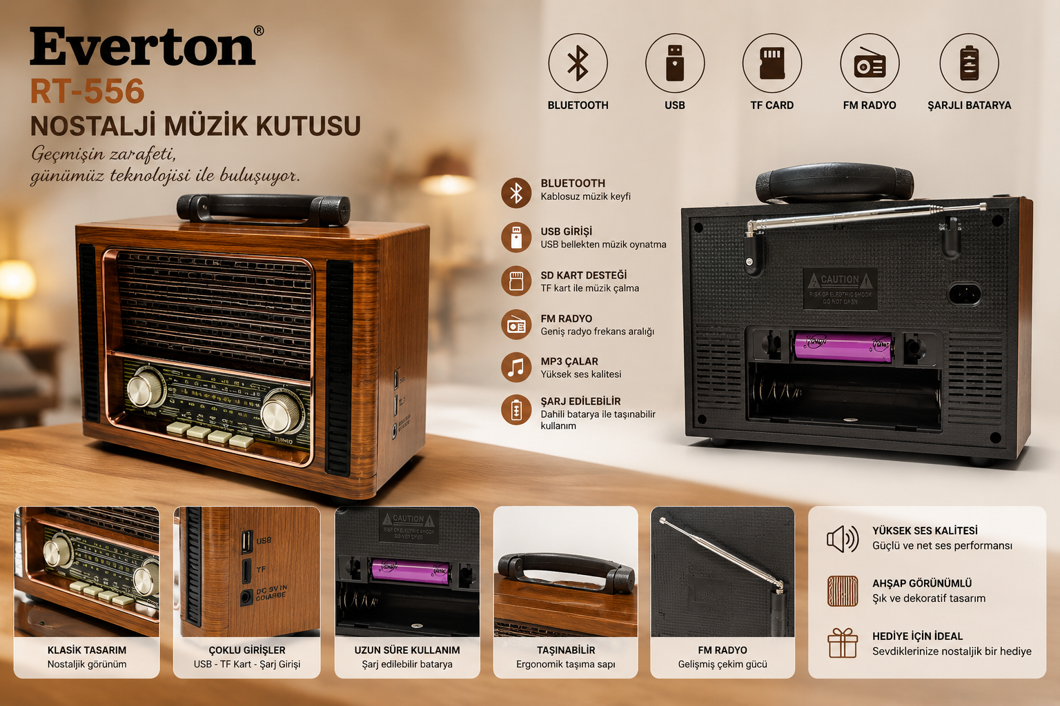 Everton RT-556 Nostalji Bluetooth/USB/Sd kart/ Radyo mp3 Player Müzik Kutusu