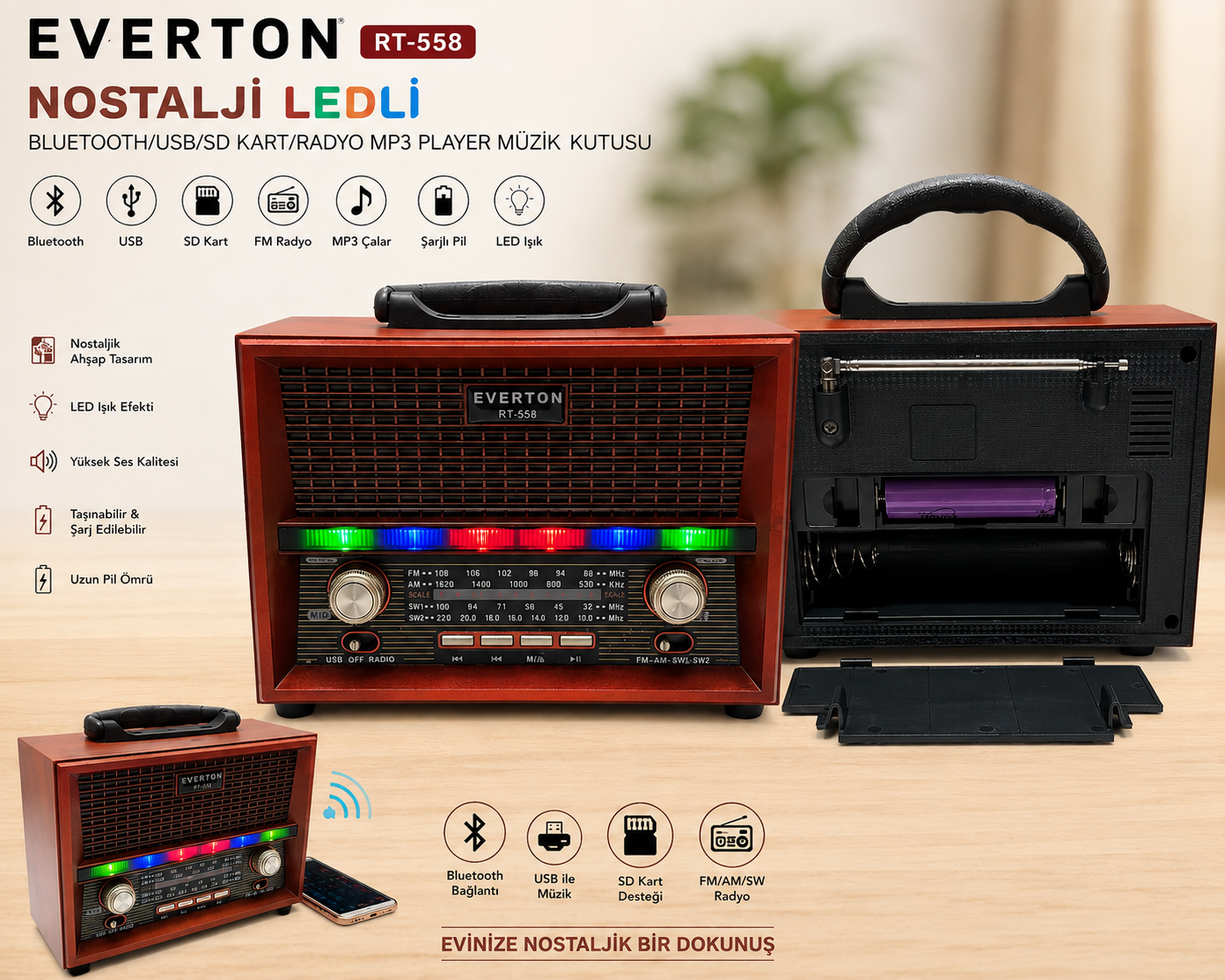 Everton RT-558 Nostalji Ledli Bluetooth/USB/Sd kart/ Radyo mp3 Player Müzik Kutusu