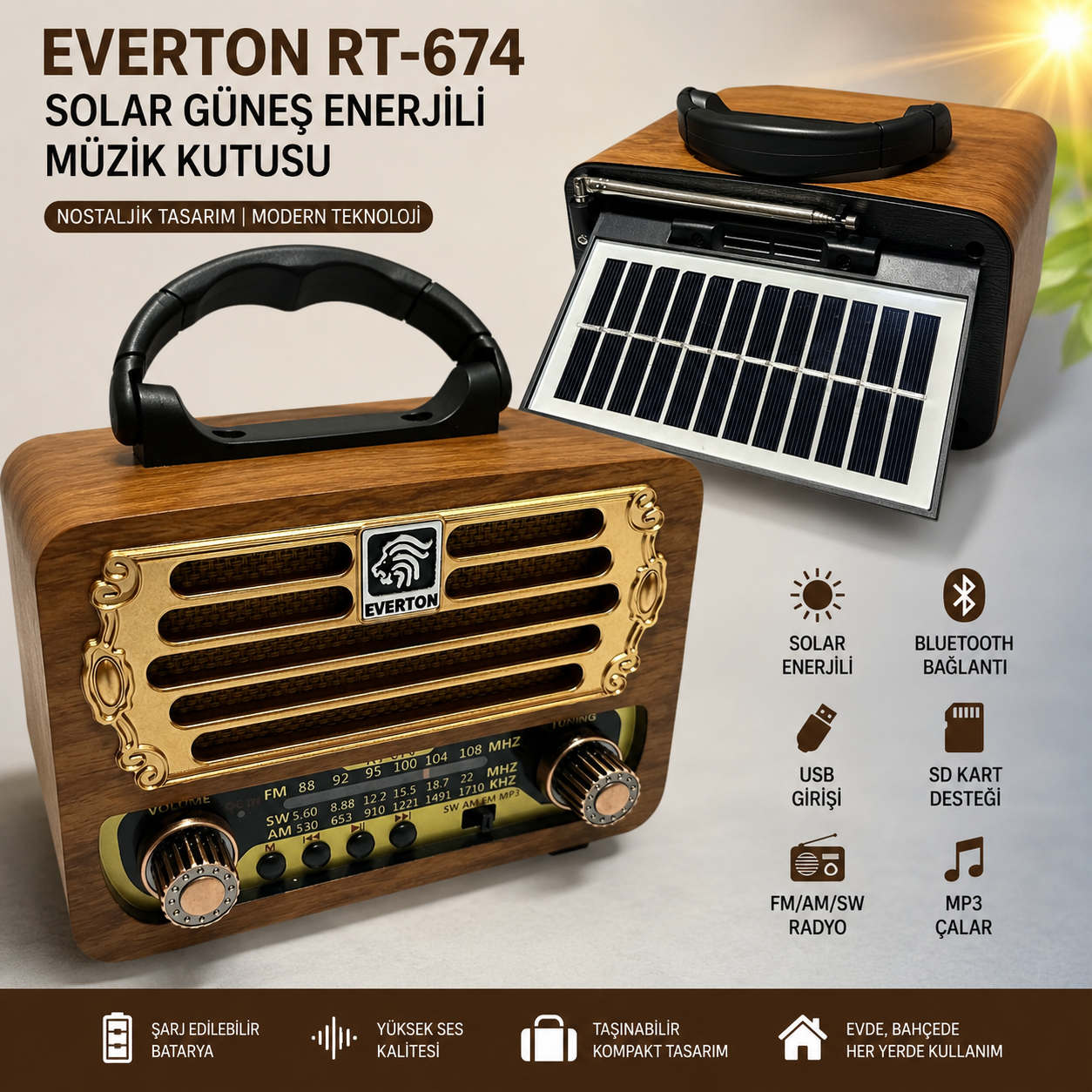 Everton RT-674 Orta Boy Solar Güneş Enerjili Bluetooth/USB/Sd kart/ Radyo mp3 Player Müzik Kutusu