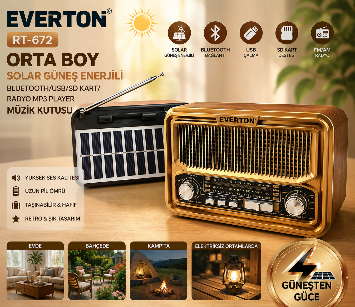 Everton RT-672 Orta Boy Solar Güneş Enerjili Bluetooth/USB/Sd kart/ Radyo mp3 Player Müzik Kutusu