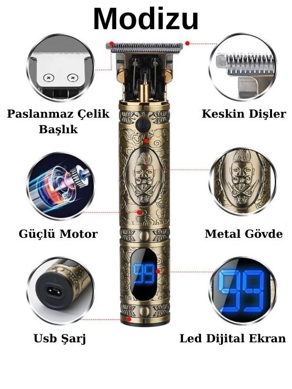 Modizu Dijital Heykel Profesyonel Saç Sakal Ense Vücut Lazer Öncesi Kuaförlere Özel Tıraş Makinesi